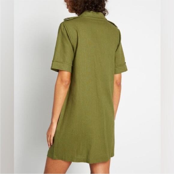 Modcloth NWT Avocado Green Linen Blend 60s Retro Button Up Pocket Shift Dress M - Picture 2 of 6